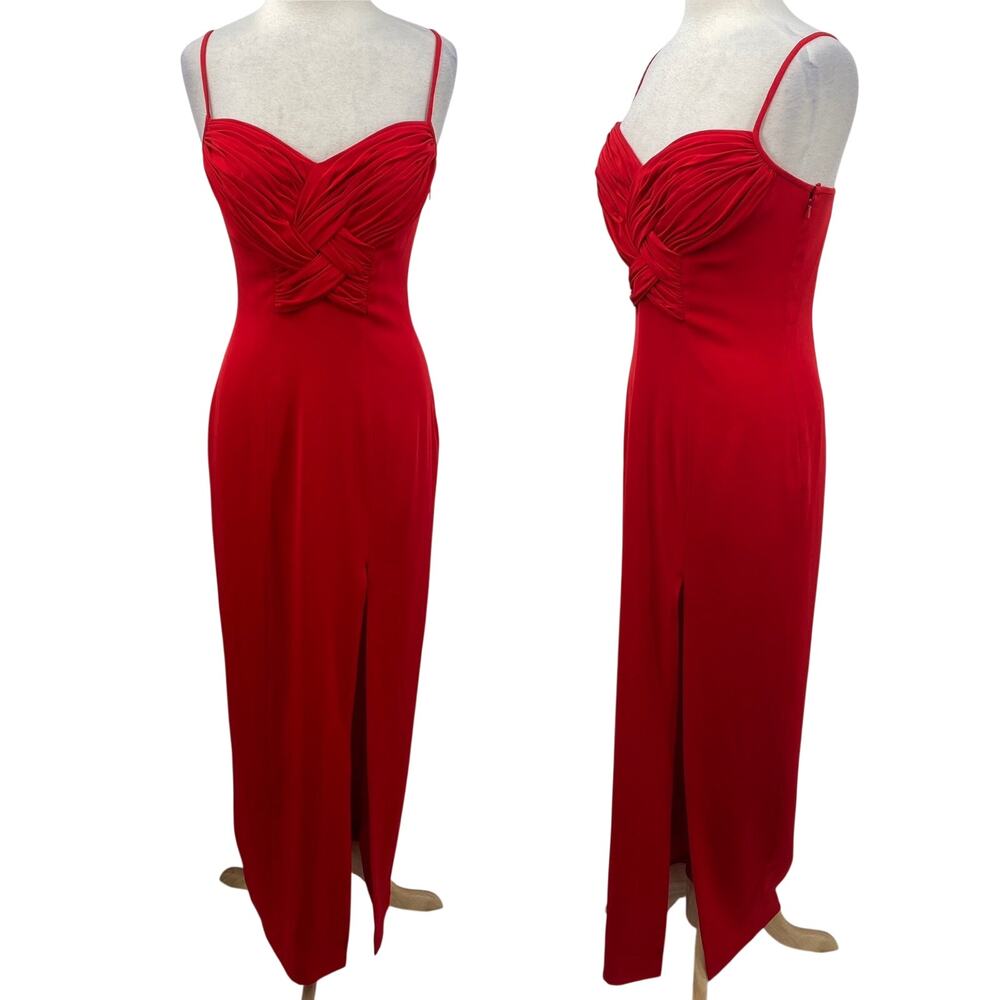 Vintage 90s Cache Gown Braided Twist Front Sweetheart High Slit Crepe Red 8